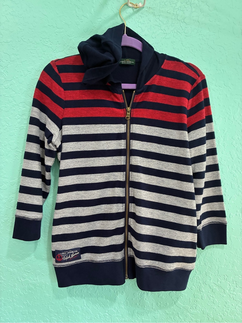 Lauren Ralph Lauren Red, Navy & Gray Striped Zip Hoodie Womens M USA patriotic